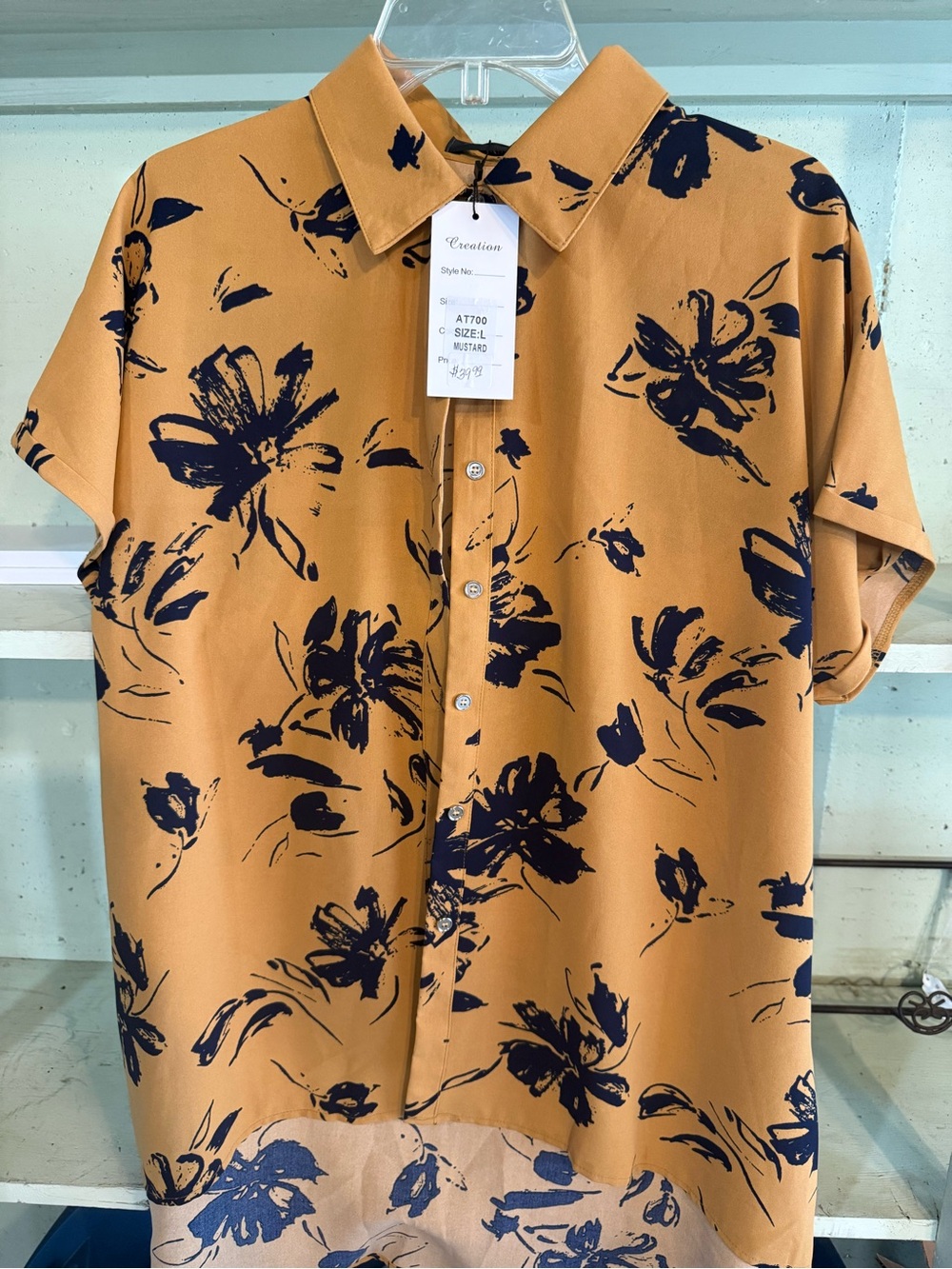 Womens Creation Mustard Floral Short-Sleeve Shirt